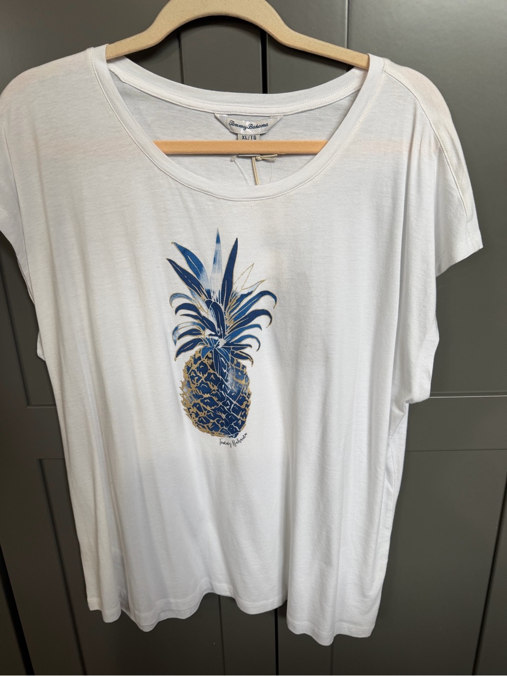 Tommy Bahama White Tee with Blue and Gold Pineapple Graphic